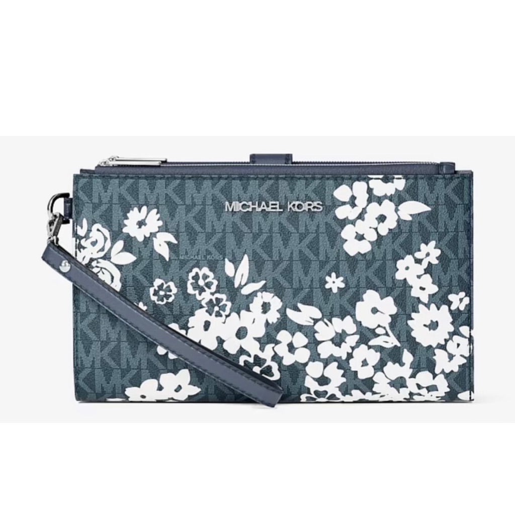 Michael Kors Jst Lg Double Zip Printed Sign Logo Wristlet Wallet Navy